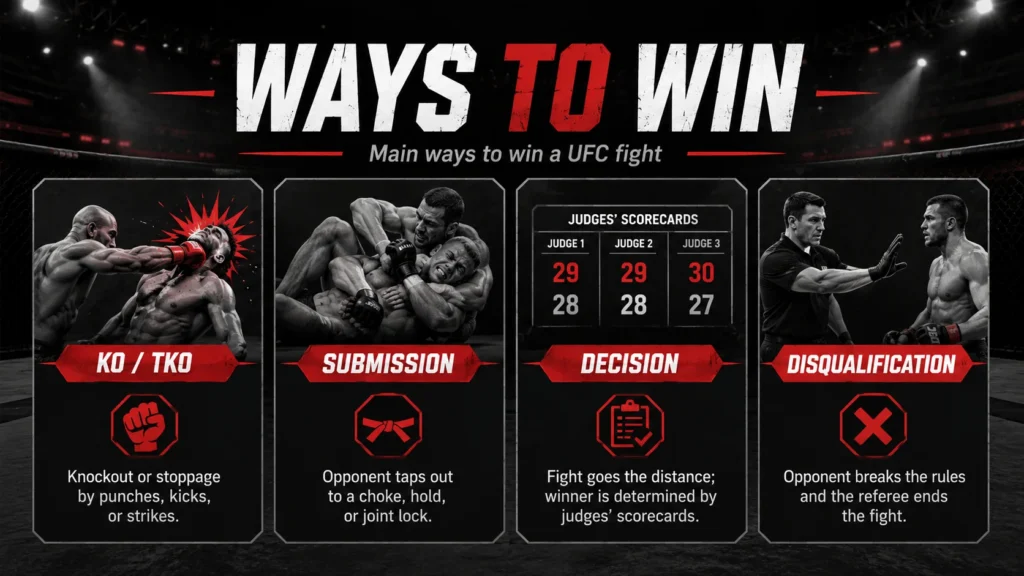 Main ways to win a UFC fight including KO TKO submission decision and disqualification