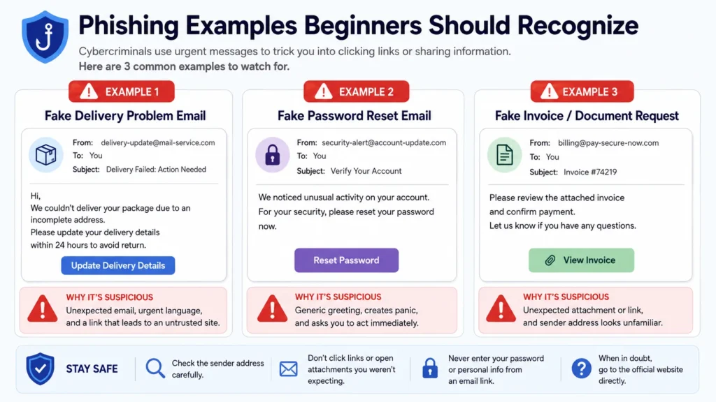Phishing examples beginners should recognize showing fake delivery fake password reset and fake invoice messages
