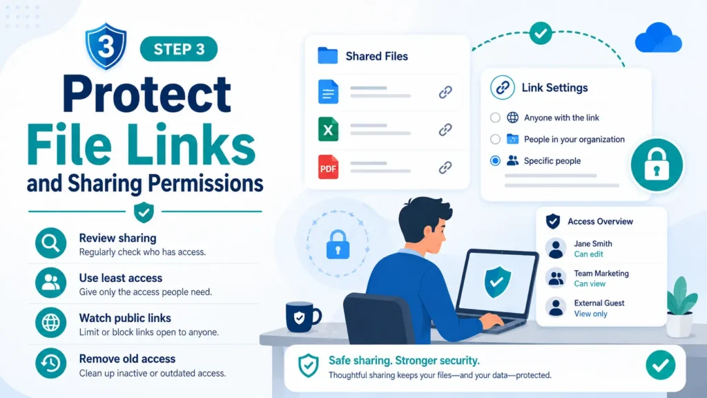 Step 3 protect OneDrive file links and sharing permissions infographic