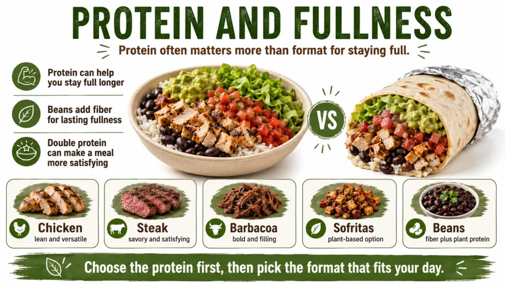 Protein and fullness infographic comparing a Chipotle-style bowl and burrito and showing chicken, steak, barbacoa, sofritas, and beans as protein choices