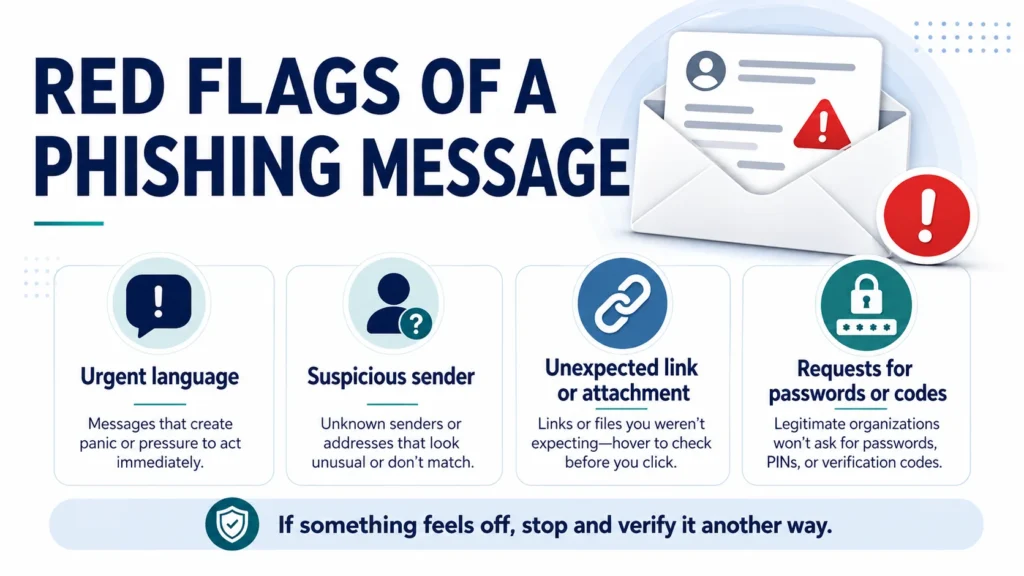 Red flags of a phishing message infographic showing urgent language suspicious sender unexpected link or attachment and requests for passwords or codes