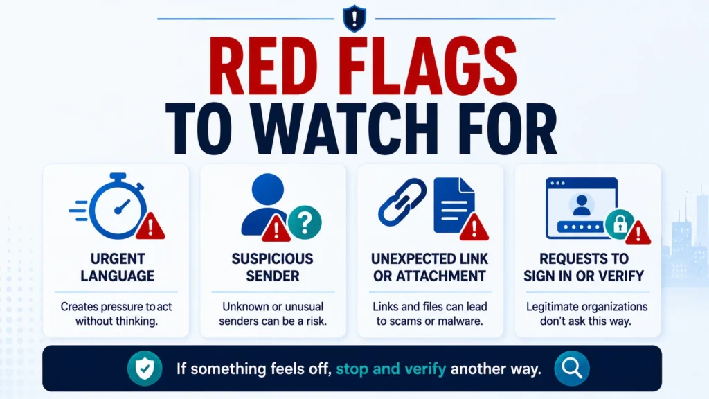 Red flags to watch for infographic showing urgent language suspicious sender unexpected link or attachment and requests to sign in or verify