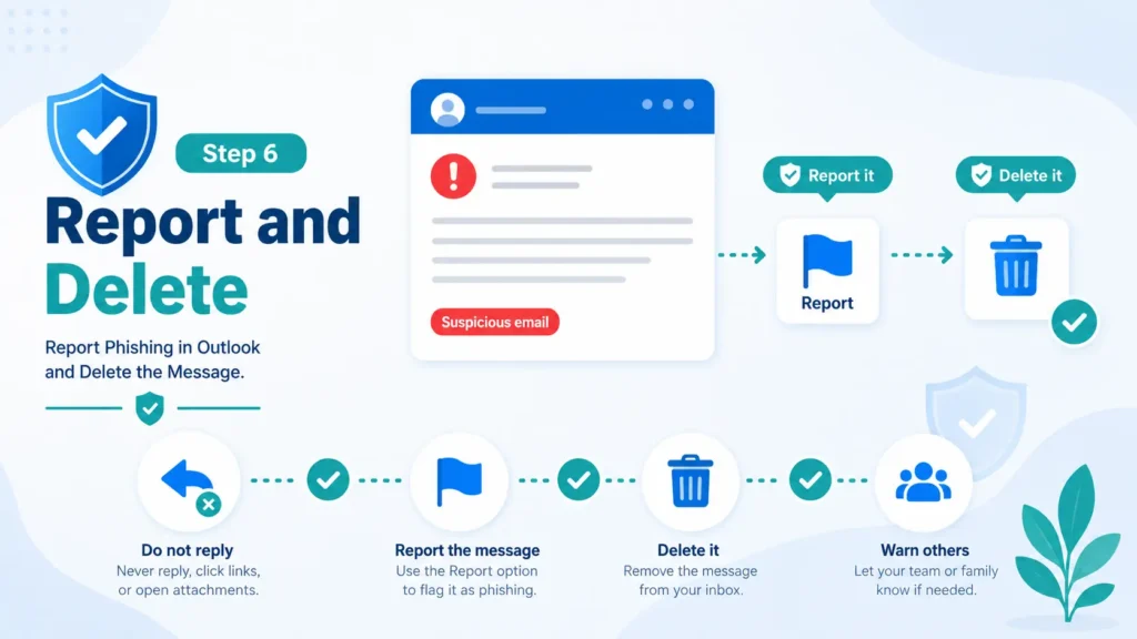 Step 6 report phishing in Outlook and delete the message infographic