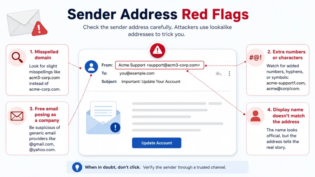 Sender address red flags infographic showing misspelled domains extra characters and mismatched display names