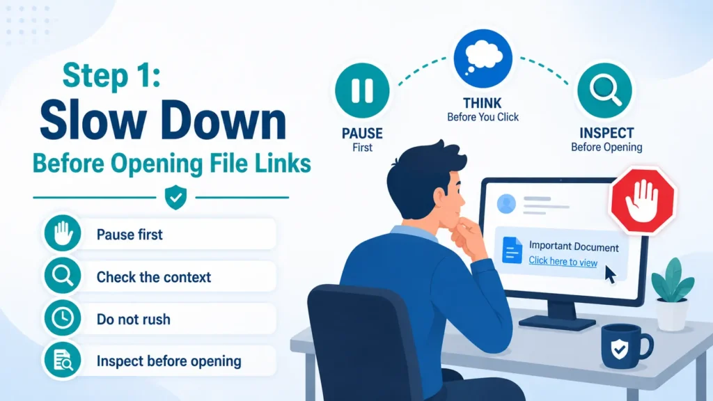 Step 1 slow down before opening file links infographic