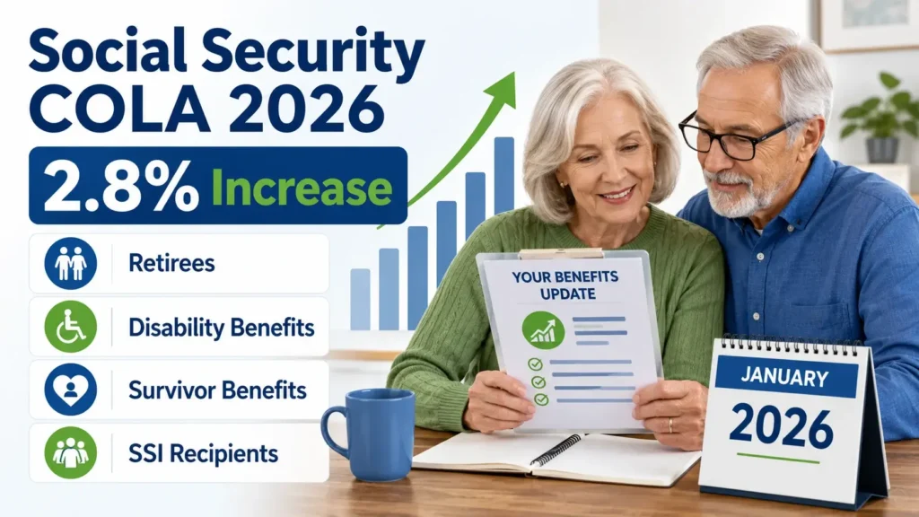 A clean professional finance explainer image showing Social Security COLA 2026, a 2.8% increase, January 2026 calendar, senior couple reviewing benefits, and benefit categories including retirees, disability benefits, survivor benefits, and SSI recipients. Social Security COLA 2026 2.8 percent increase benefits update for retirees disability survivor benefits and SSI recipients