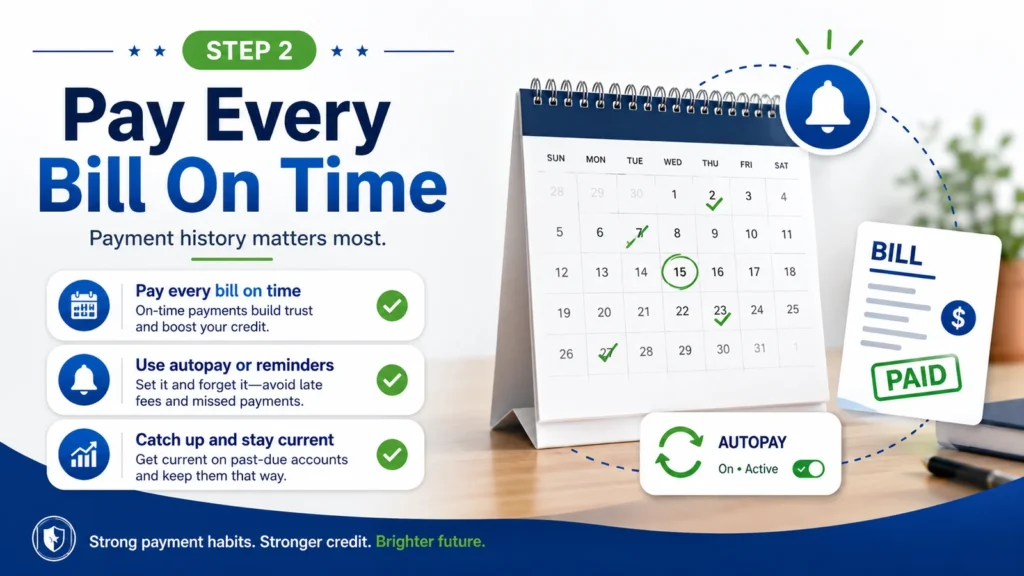 Step 2 pay every bill on time for better credit
