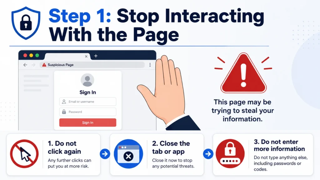 Step 1 stop interacting with the page after clicking a phishing link infographic