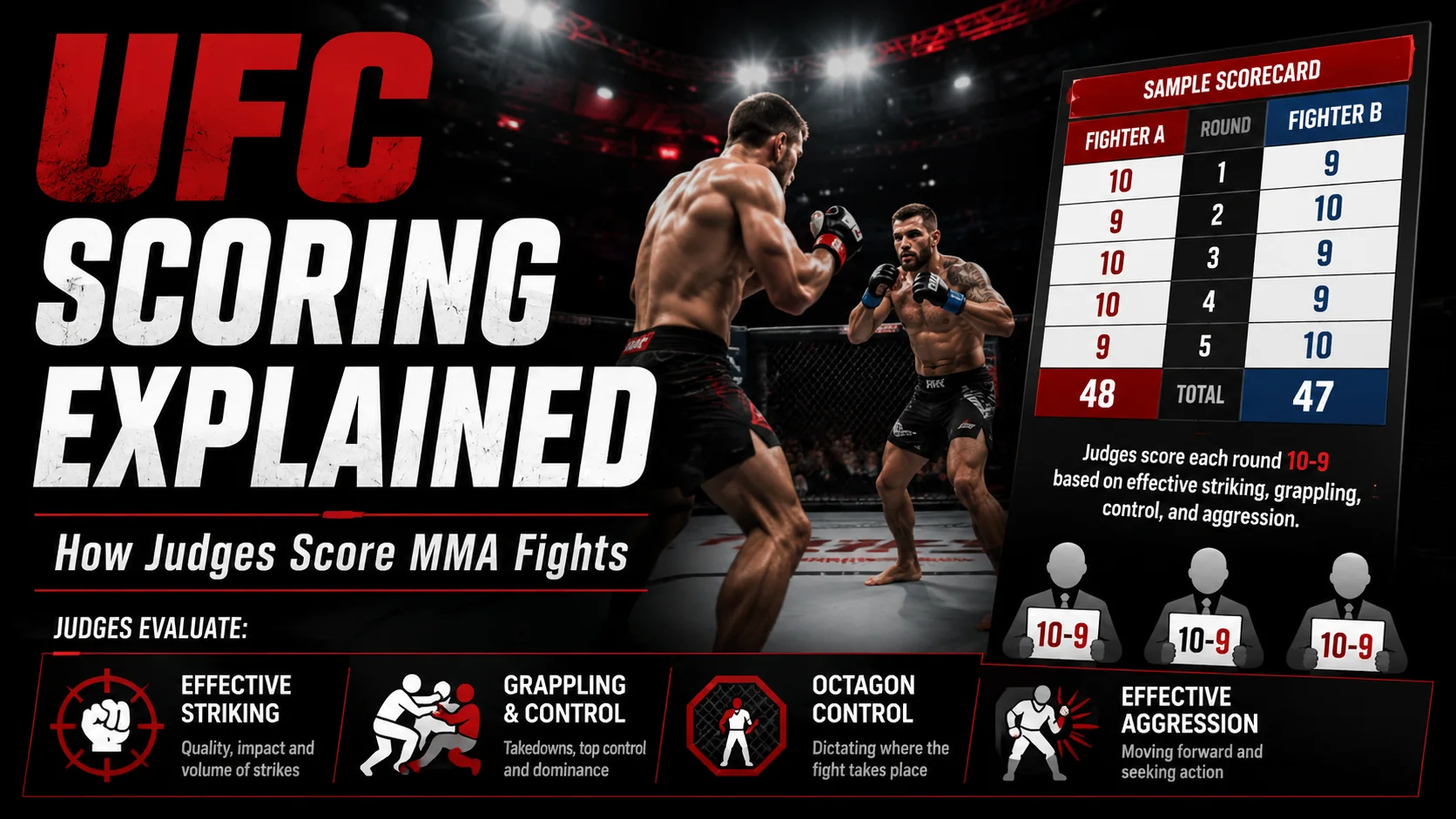 UFC scoring explained featured image showing judges and scorecards