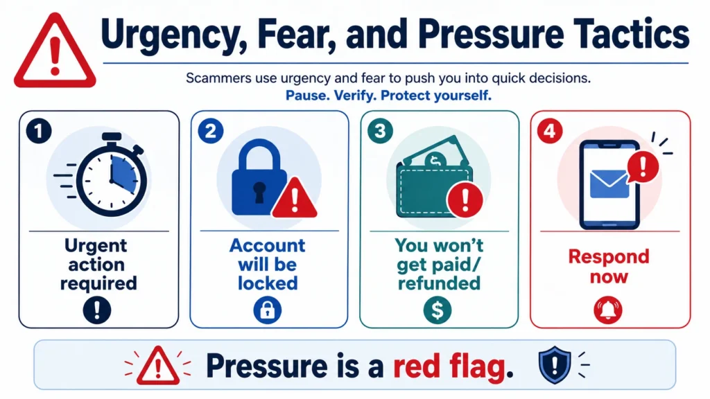 Urgency fear and pressure tactics infographic showing common scam pressure phrases and warnings