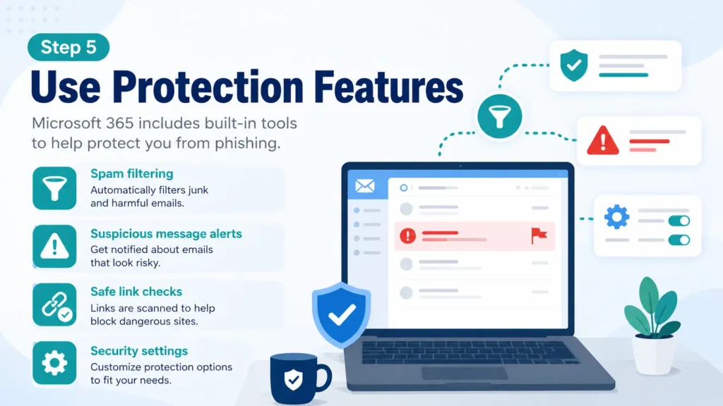 Step 5 use Microsoft 365 phishing protection features infographic