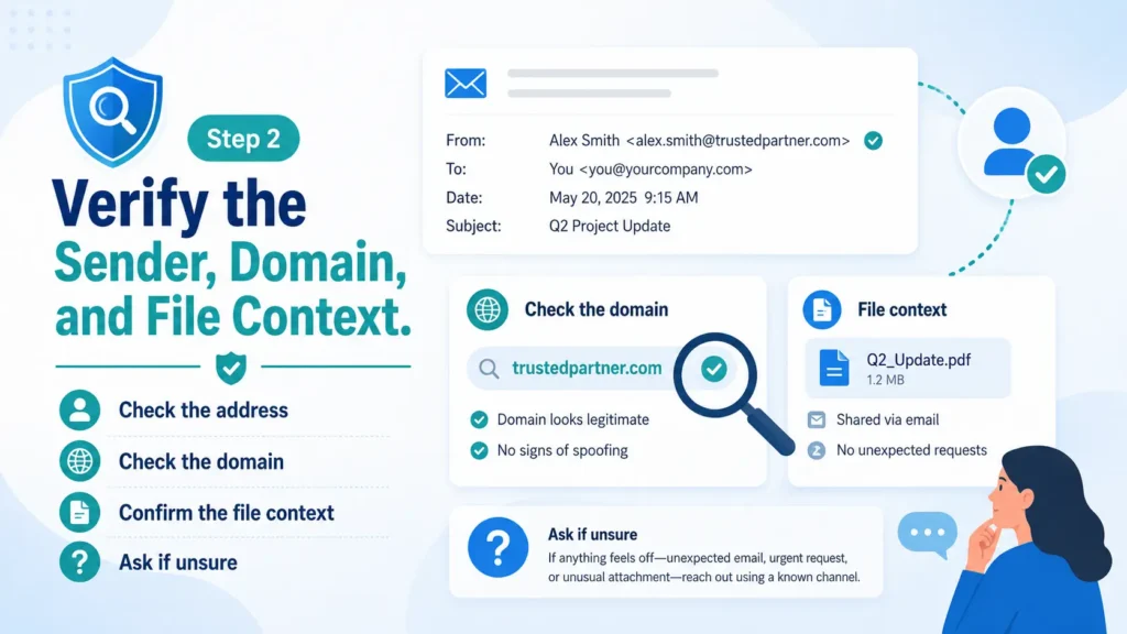 Step 2 verify the sender domain and file context infographic