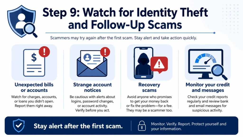 Step 9 watch for identity theft and follow up scams infographic after a phishing link incident