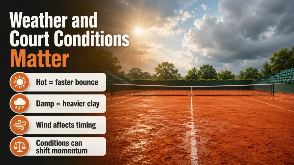 Weather and court conditions can change the match on clay