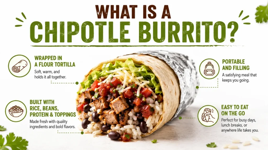 What is a Chipotle burrito infographic showing a foil-wrapped burrito with rice, beans, protein, and toppings