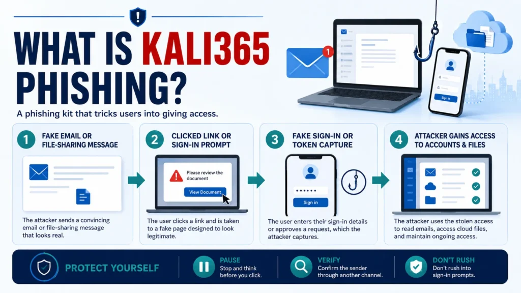 What is Kali365 phishing infographic showing fake email clicked link fake sign in or token capture and attacker access