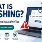 What is phishing featured image showing suspicious emails, fake login pages, and account safety concepts