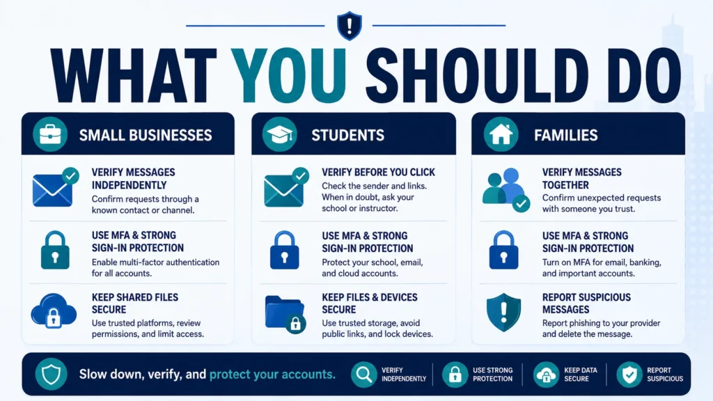 What small businesses students and families should do infographic showing verification MFA stronger protection and safe reporting actions