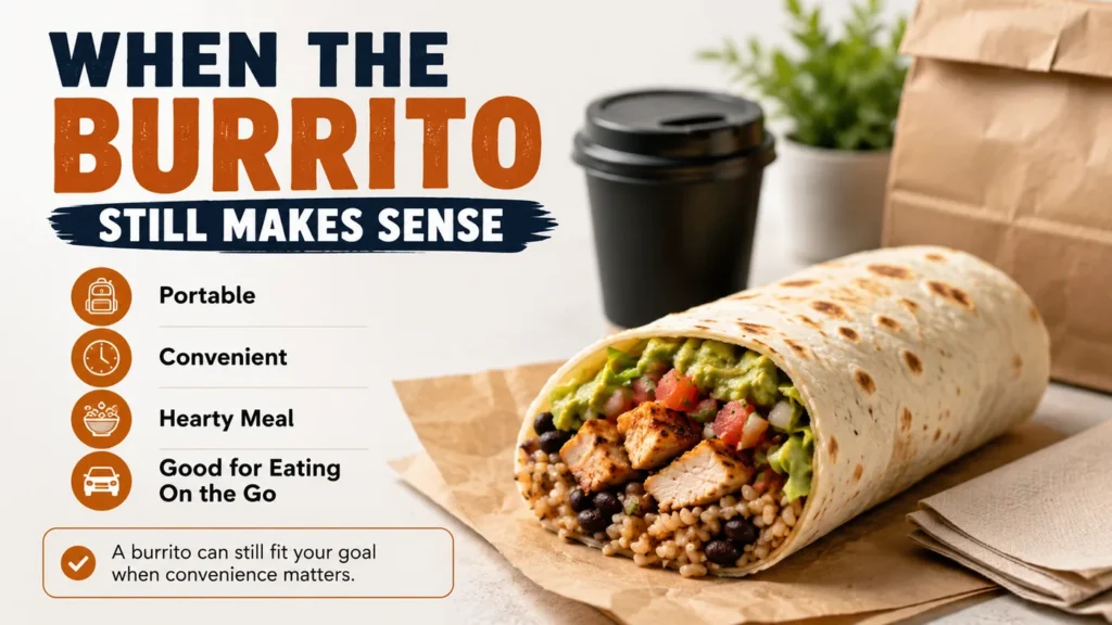 When the burrito still makes sense infographic showing a portable Chipotle-style burrito with convenience and on-the-go meal benefits