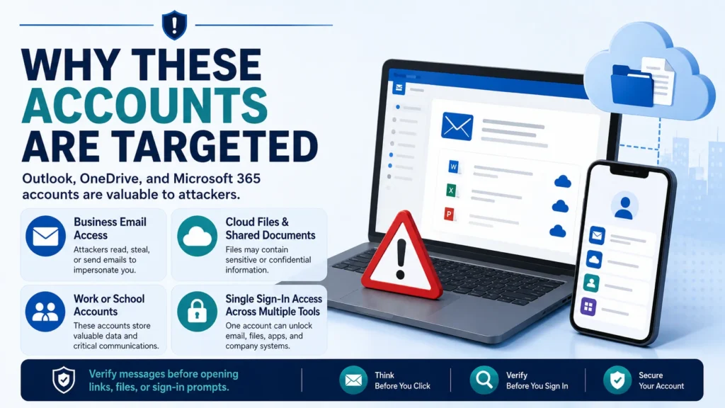 Why Outlook OneDrive and Microsoft 365 accounts are targeted infographic showing business email cloud files work or school accounts and single sign in access