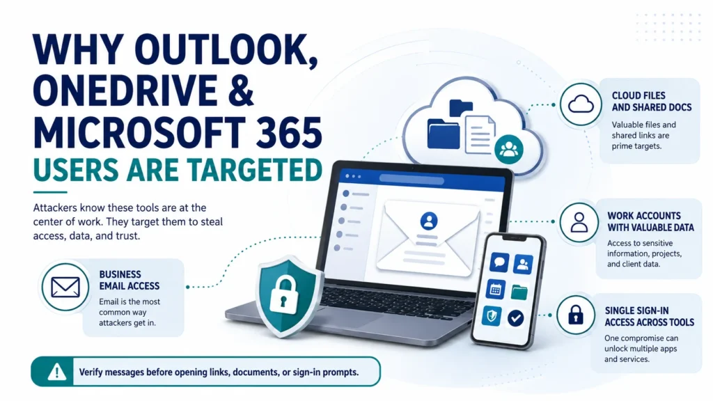Why Outlook OneDrive and Microsoft 365 users are targeted infographic showing business email cloud files work accounts and shared access