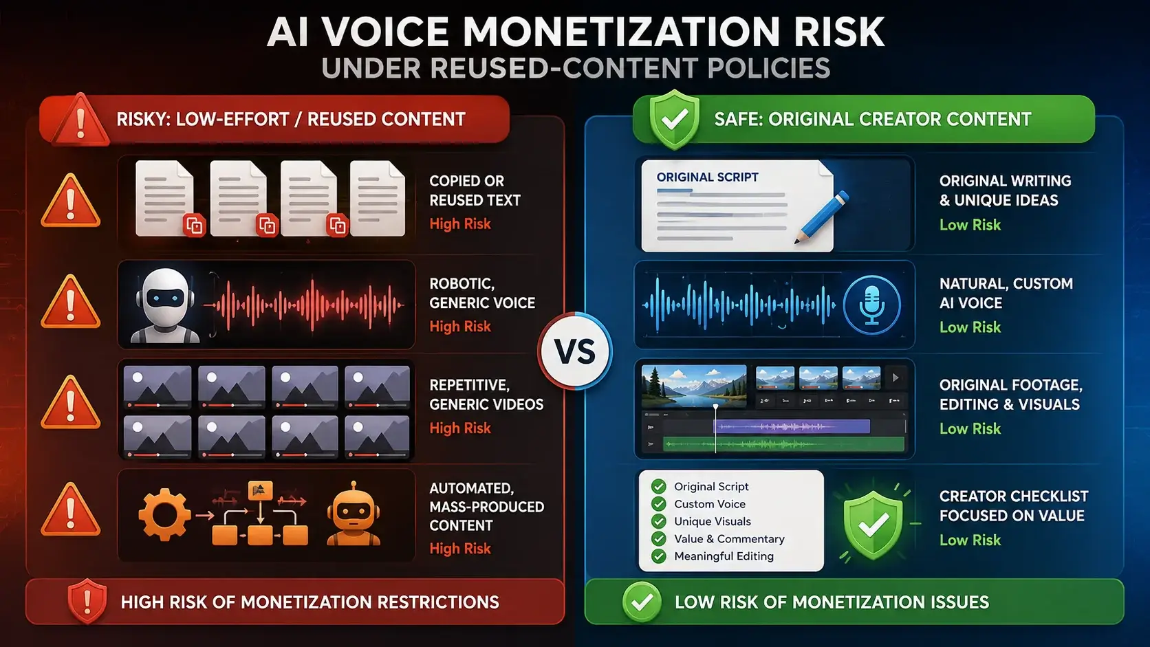 YouTube reused content policy AI voice risk explained