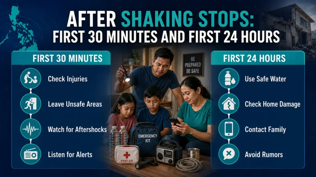 After shaking stops earthquake safety infographic covering the first 30 minutes and first 24 hours.