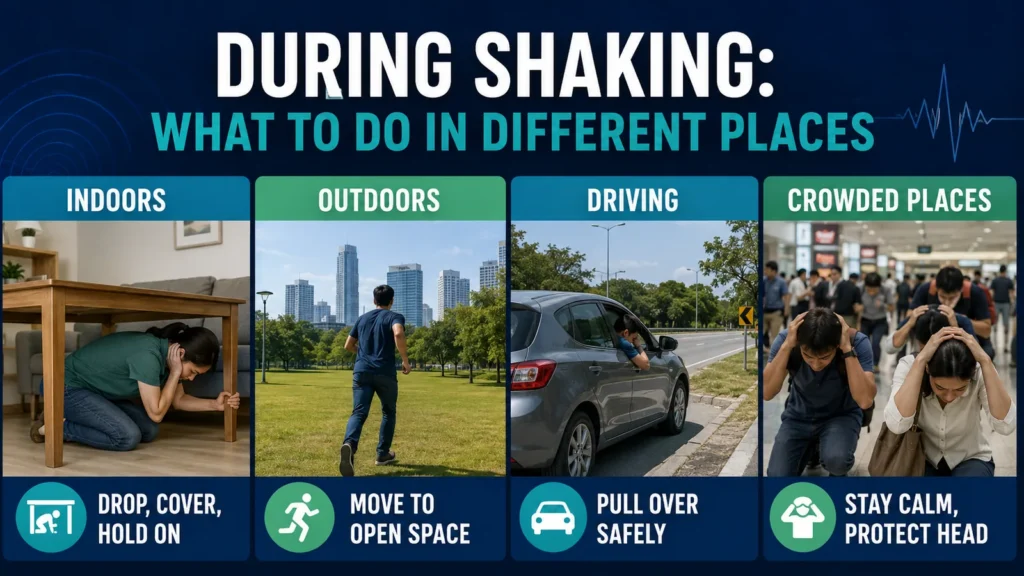 During shaking earthquake safety infographic for indoors outdoors driving and crowded places.