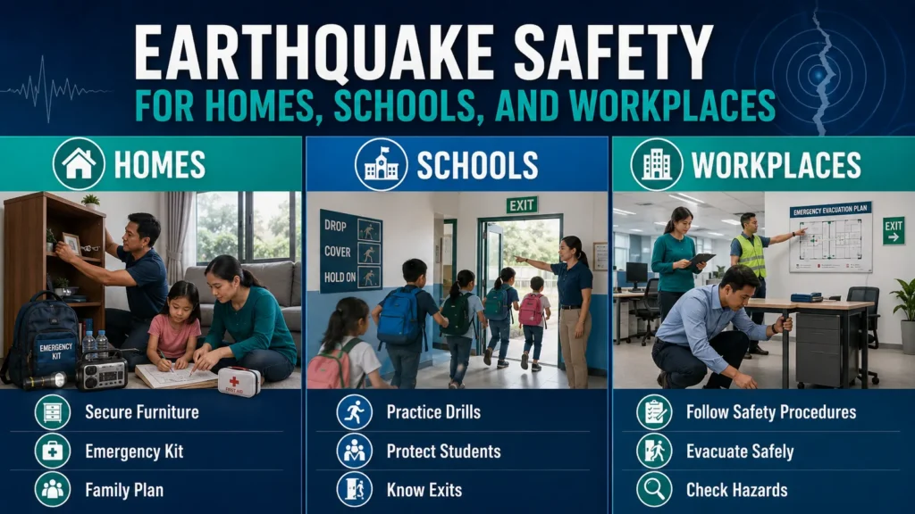 Earthquake safety infographic for homes schools and workplaces in the Philippines.