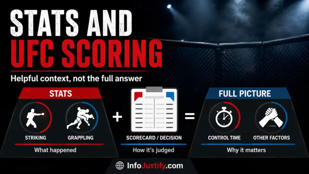 A context image for the scoring section that explains how strike and grappling data interact with scorecards and decisions in MMA. How stats connect to UFC scoring image with scorecard context