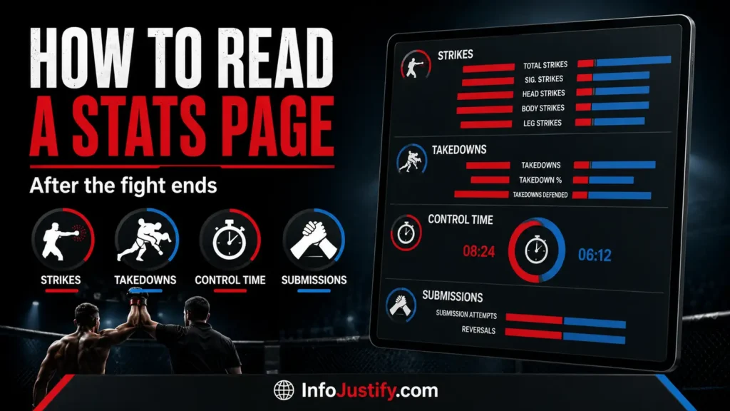 A how-to visual for reading a UFC stats page, with a clean dashboard-style layout that helps readers understand strikes, takedowns, control time, and submissions. How to read a UFC stats page after a fight image