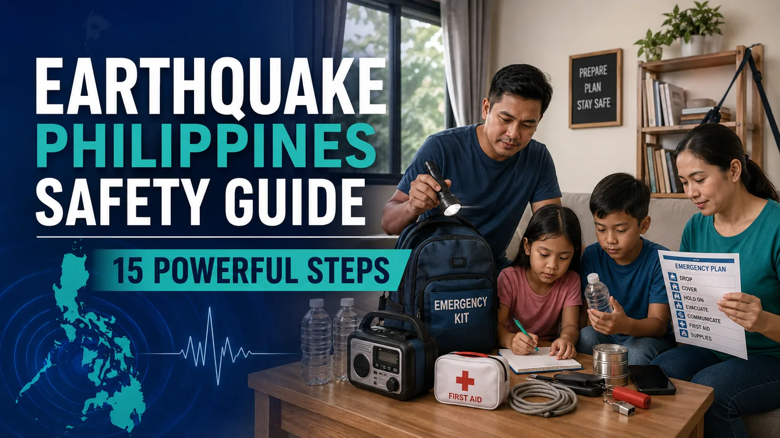 Earthquake Philippines safety guide featured image showing a family preparing an emergency kit at home.