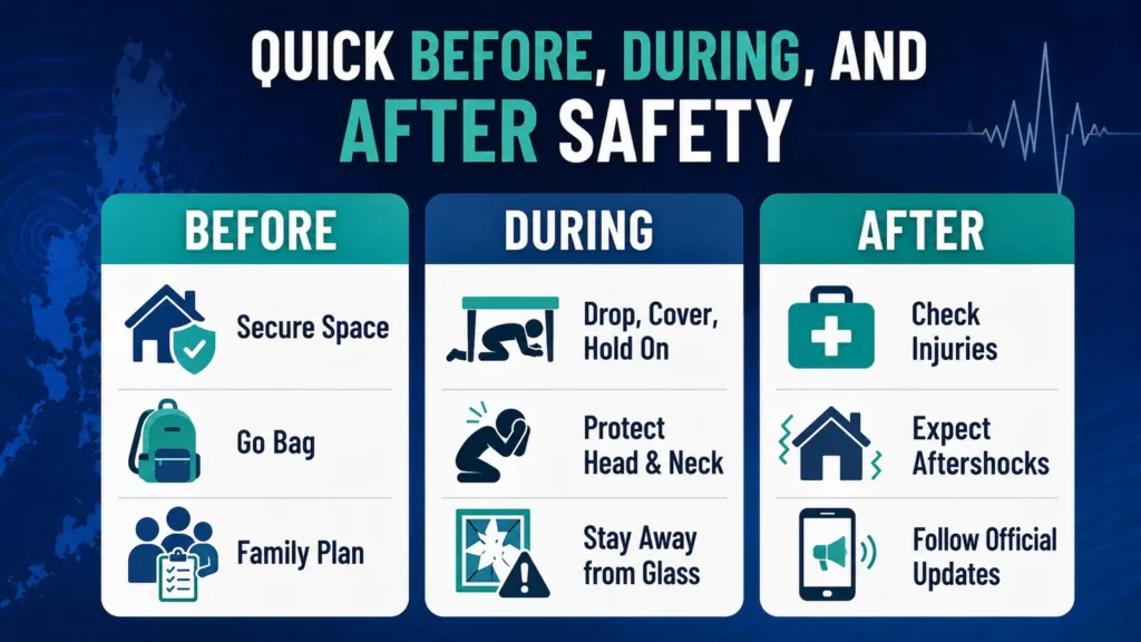 Quick before during and after earthquake safety infographic for Philippines readers.