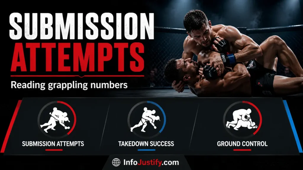An educational image for the UFC stats explained article that focuses on submission attempts, takedown success, and ground control in a clean blog style. Submission attempts and grappling numbers image for UFC stats explained