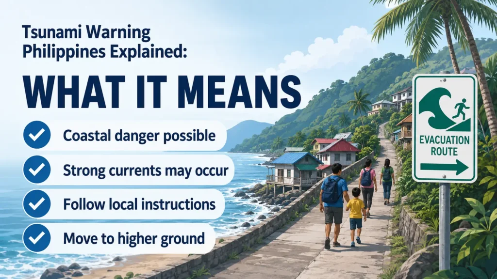 Tsunami warning Philippines explained what it means with coastal danger, currents, and higher ground guidance