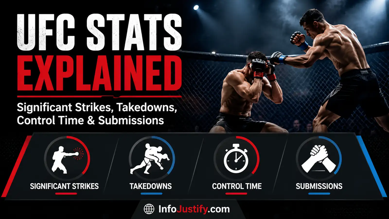 UFC stats explained featured image showing significant strikes, takedowns, control time, and submissions