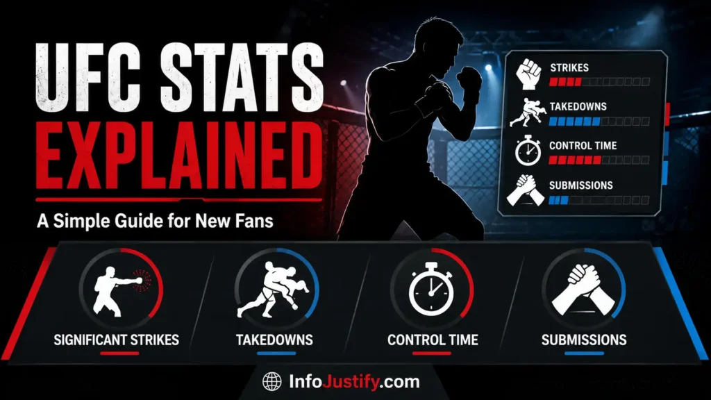Section image explaining UFC stats in simple words for beginners, with a clean infographic style focused on the core stat categories. UFC stats explained in simple words image for new fans