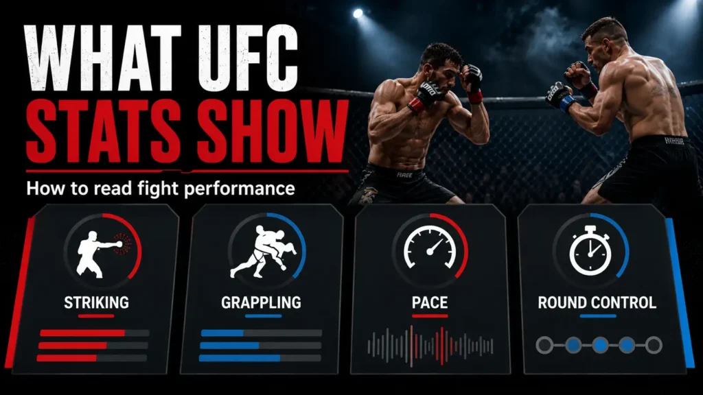 A clear infographic-style section image showing how UFC fight stats can be used to understand striking, grappling, pace, and round control. What UFC stats actually show in a fight performance image