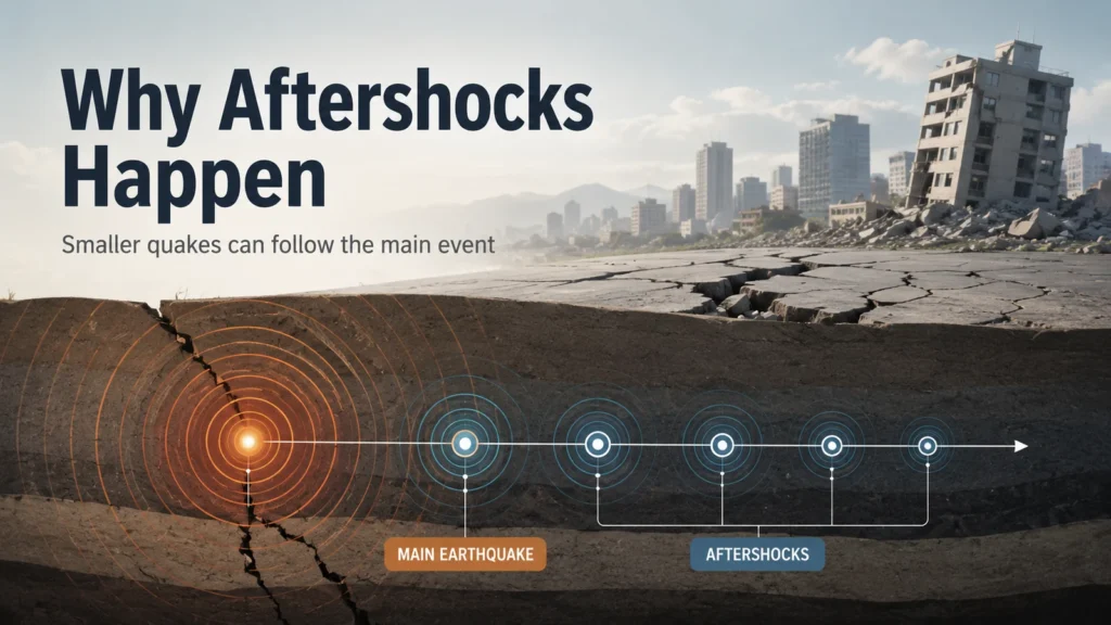 Why aftershocks happen after a strong earthquake with main event and smaller follow-up quakes