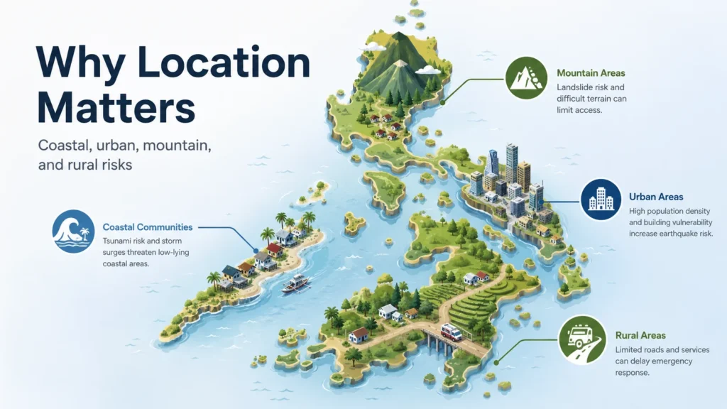 Why location matters in the Philippines for earthquake risk with coastal, urban, mountain, and rural examples